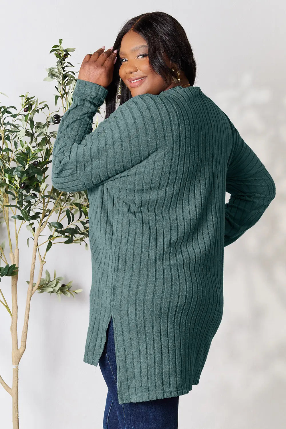 Basic Bae Full Size Ribbed Round Neck Long Sleeve Slit Top - LoveNest Treasures