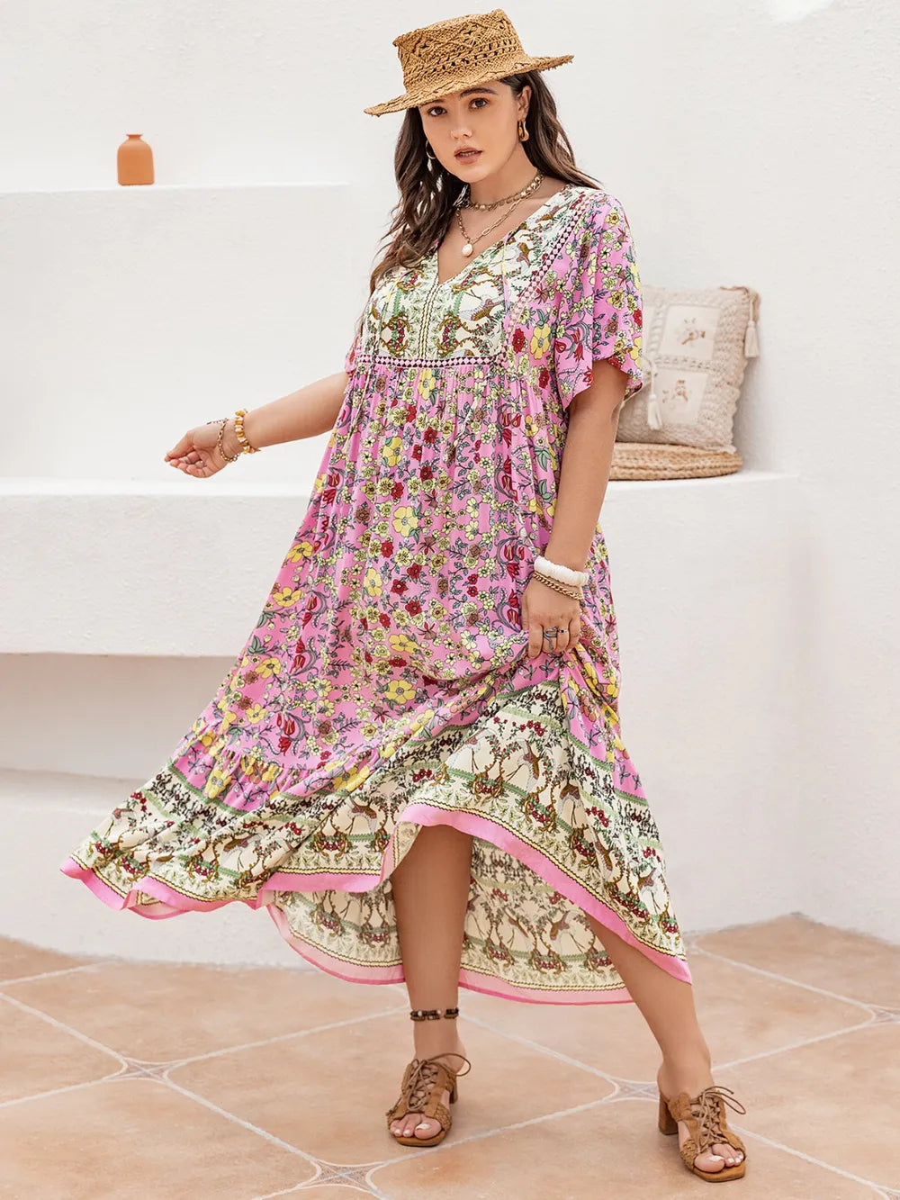 Plus Size Floral Tie Neck Flutter Sleeve Maxi Dress - LoveNest Treasures