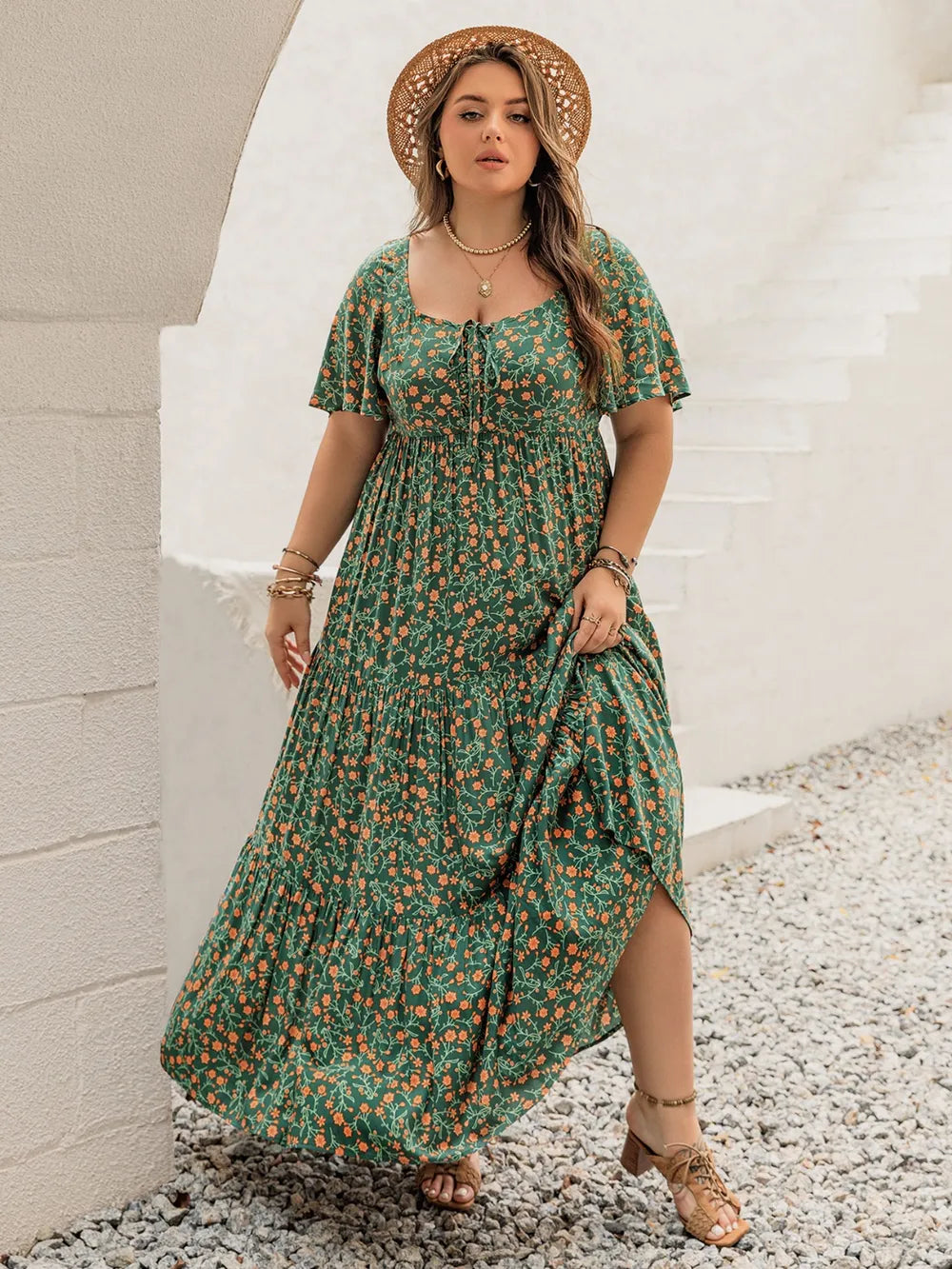 Plus Size Printed Short Sleeve Tiered Maxi Dress - LoveNest Treasures