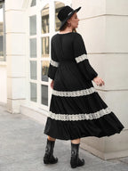 Plus Size Lace Detail V-Neck Long Sleeve Midi Dress - LoveNest Treasures