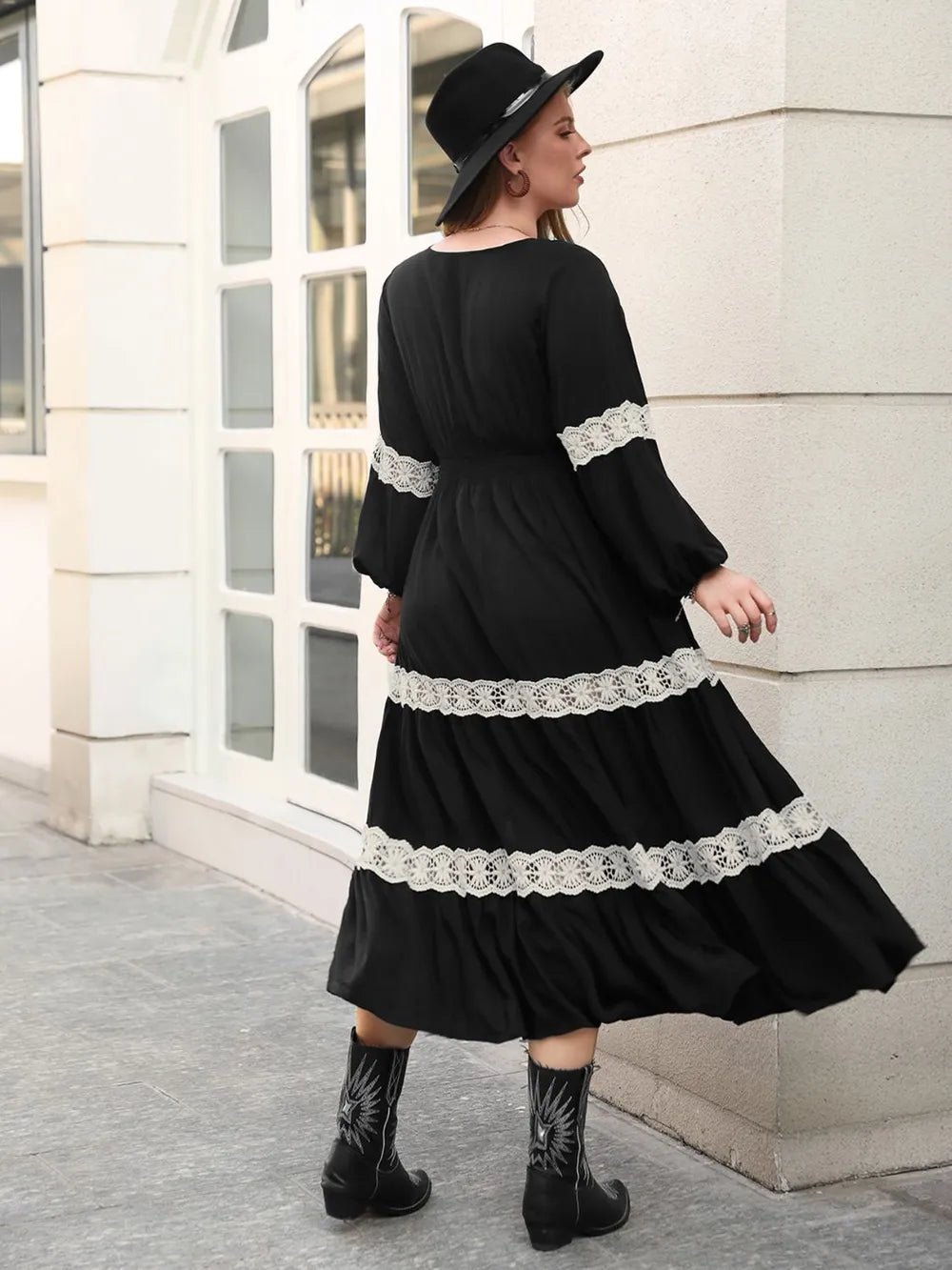 Plus Size Lace Detail V-Neck Long Sleeve Midi Dress - LoveNest Treasures