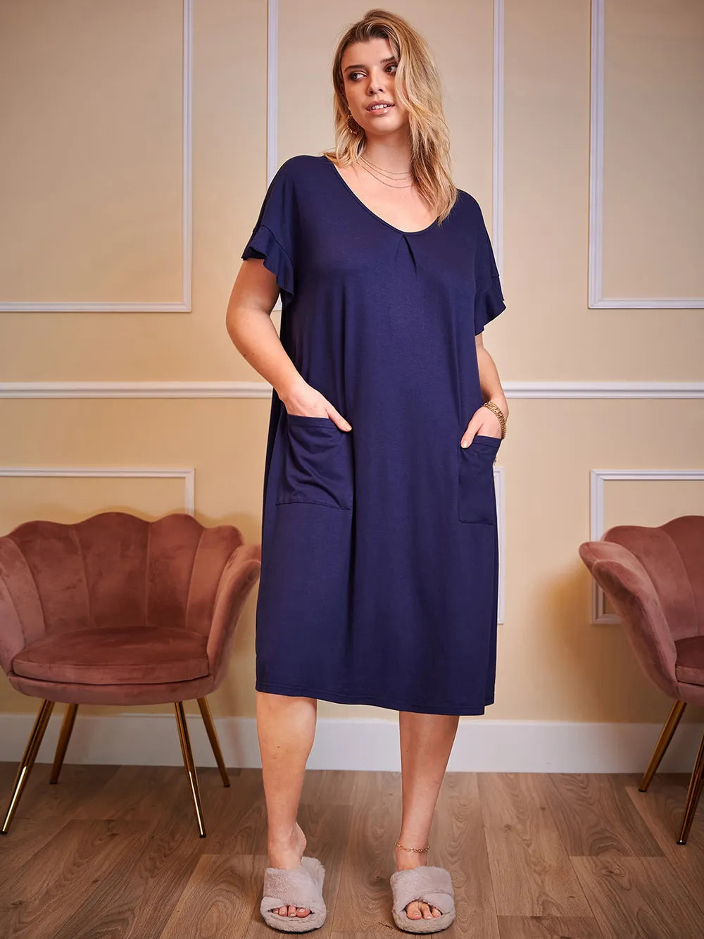 Plus Size Round Neck Short Sleeve Lounge Dress - LoveNest Treasures