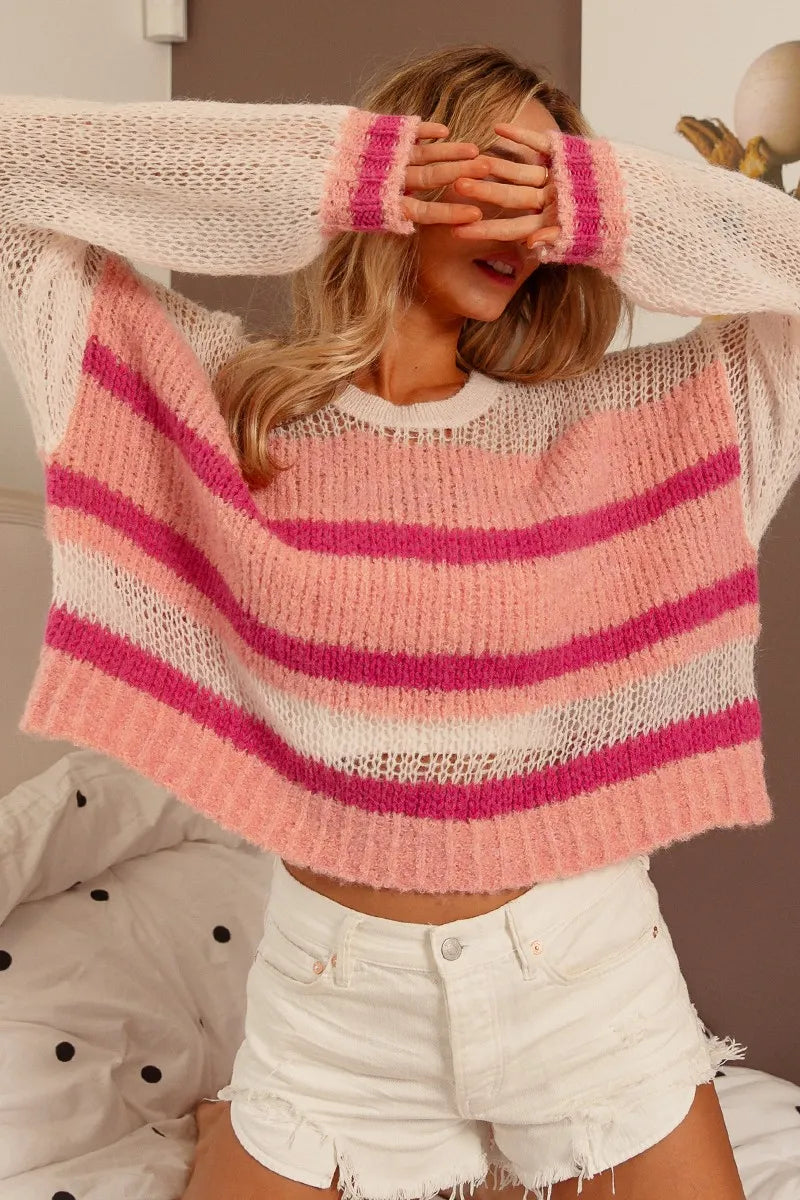 BiBi Hollow Out Yoke Detail Striped Sweater - LoveNest Treasures