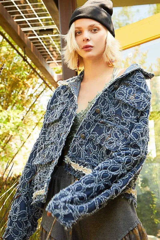 POL Flower Textured Raw Hem Long Sleeve Denim Jacket - LoveNest Treasures