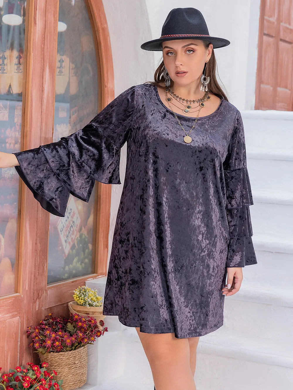 Plus Size Round Neck Flounce Sleeve Mini Dress - LoveNest Treasures