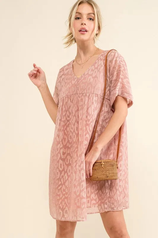 And The Why Woven Leopard Baby Doll Roll-Sleeve Casual Dress - LoveNest Treasures