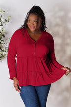 Double Take Half Button Long Sleeve Ruffle Hem Blouse - LoveNest Treasures
