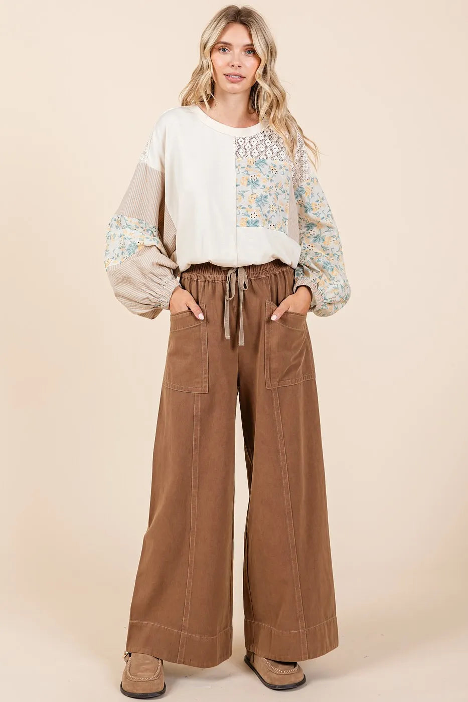 Mittoshop Mineral Wash Wide Leg Elastic Waist Twill Pants - LoveNest Treasures