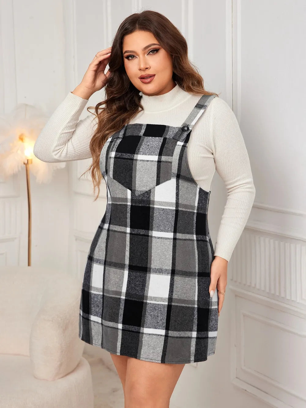 Honey Plus Size Plaid Wide Strap Overall Dress - LoveNest Treasures