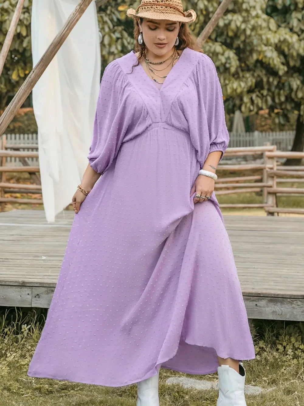 Plus Size Swiss Dot V-Neck Midi Dress - LoveNest Treasures
