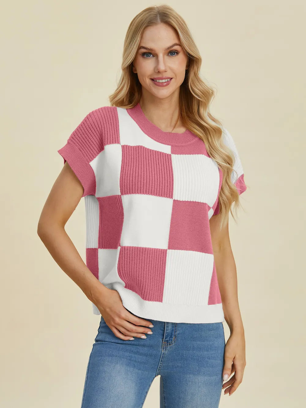 Double Take Full Size Checkered Round Neck Short Sleeve Sweater - LoveNest Treasures