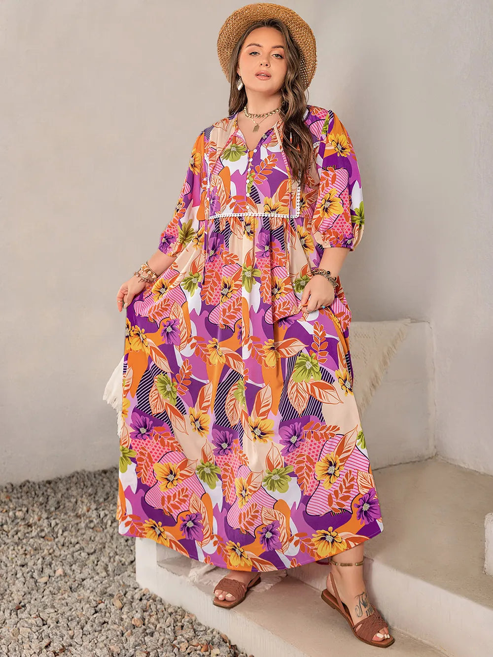 Plus Size Printed Tie Neck Maxi Dress - LoveNest Treasures