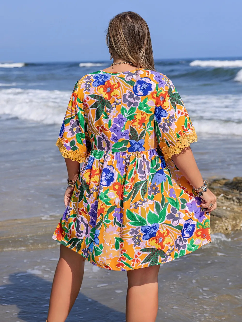 Plus Size Lace Detail Printed Tie Neck Half Sleeve Dress - LoveNest Treasures