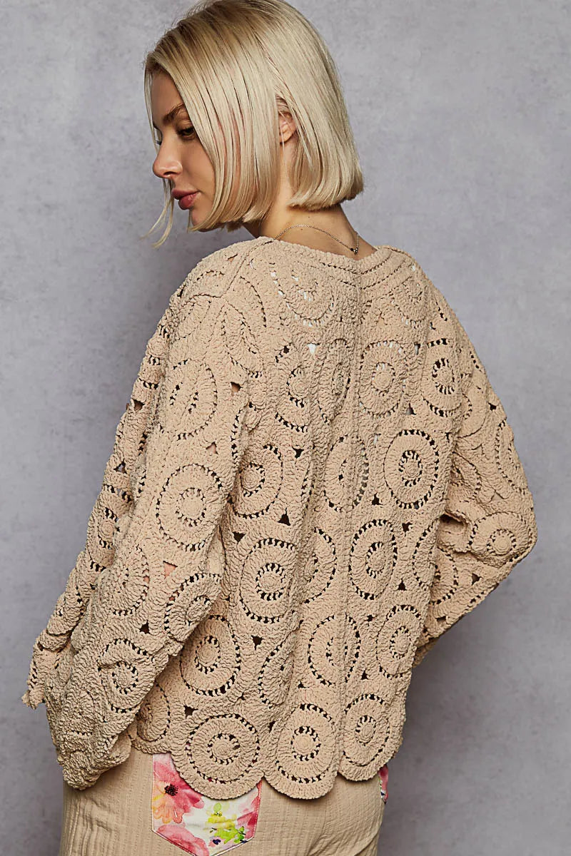 POL Button Down V-Neck Crochet Cardigan - LoveNest Treasures