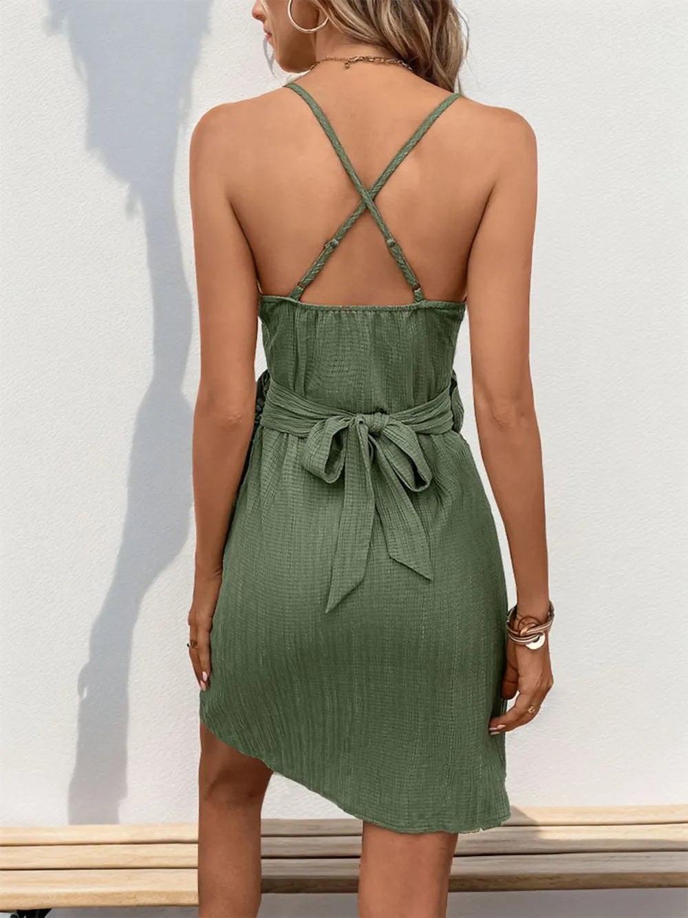 Perfee Crisscross Tied Surplice Mini Dress - LoveNest Treasures
