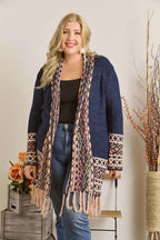 ADORA Full Size Fringe Hem Aztec Border Cardigan Plus Size - LoveNest Treasures
