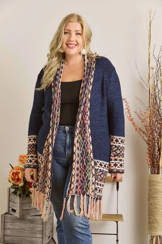 ADORA Full Size Fringe Hem Aztec Border Cardigan Plus Size - LoveNest Treasures