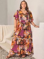 Plus Size Printed V-Neck Half Sleeve Maxi Dress - LoveNest Treasures