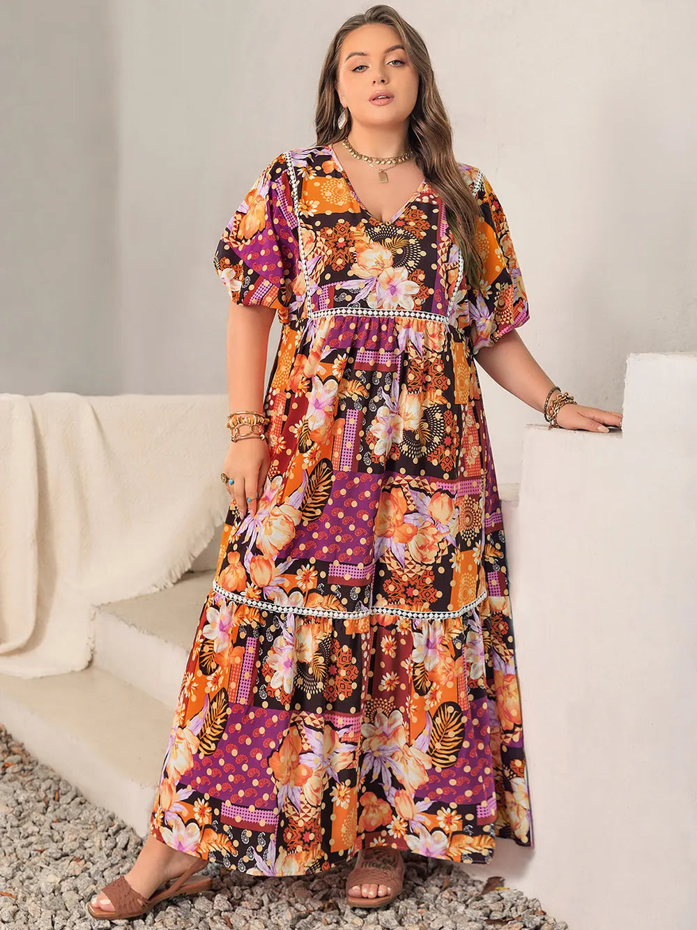 Plus Size Printed V-Neck Half Sleeve Maxi Dress - LoveNest Treasures