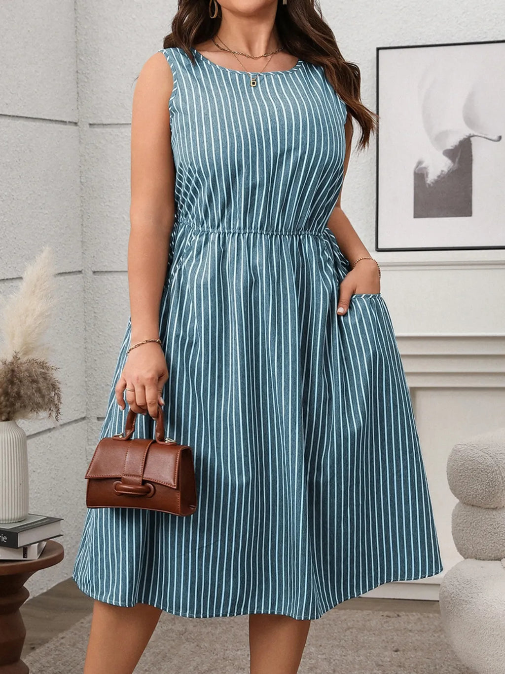 Plus Size Striped Round Neck Sleeveless Dress - LoveNest Treasures