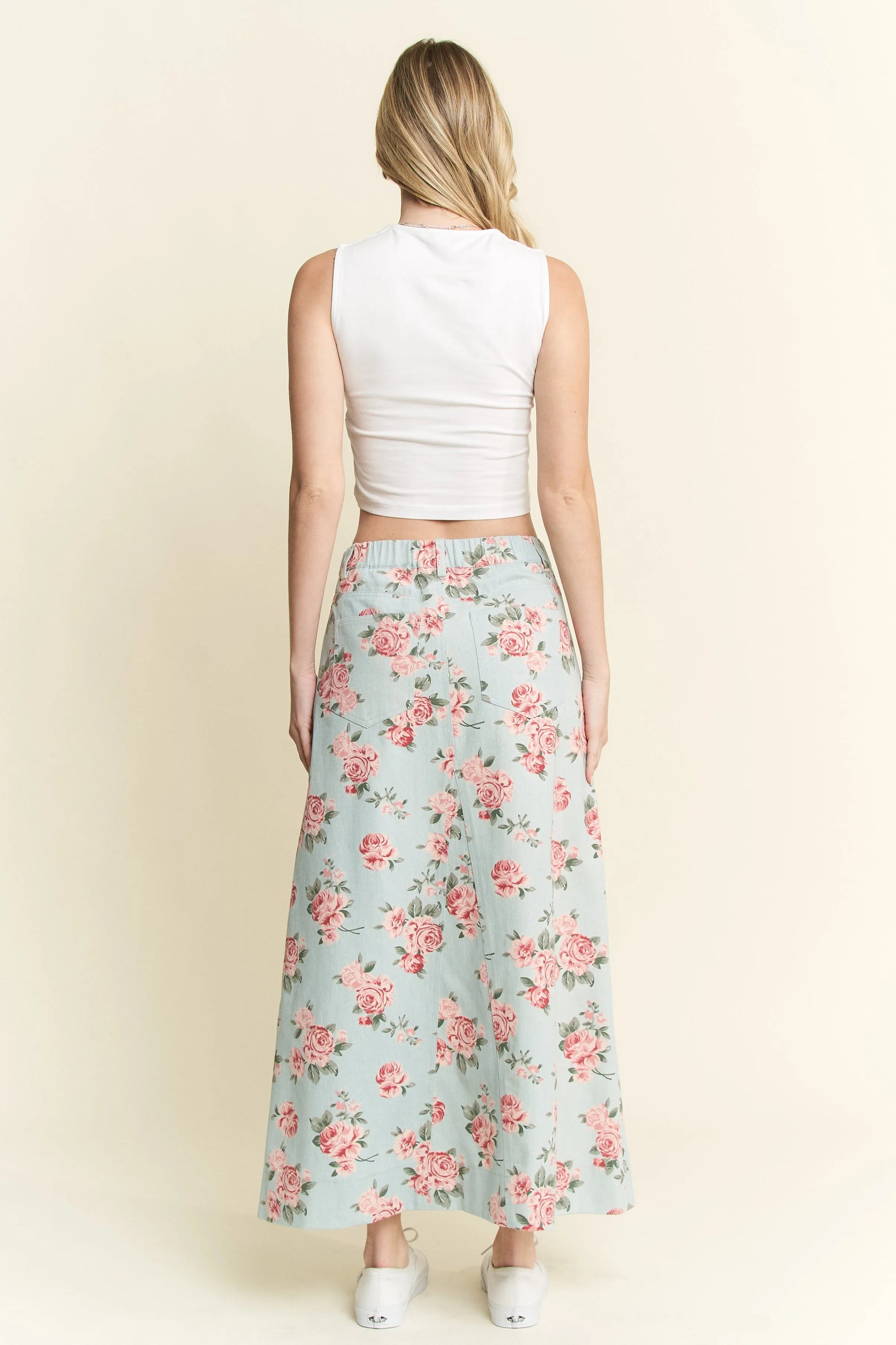 Jade By Jane Full Size Floral Print Front Slit Denim Maxi Skirt Plus Size - LoveNest Treasures