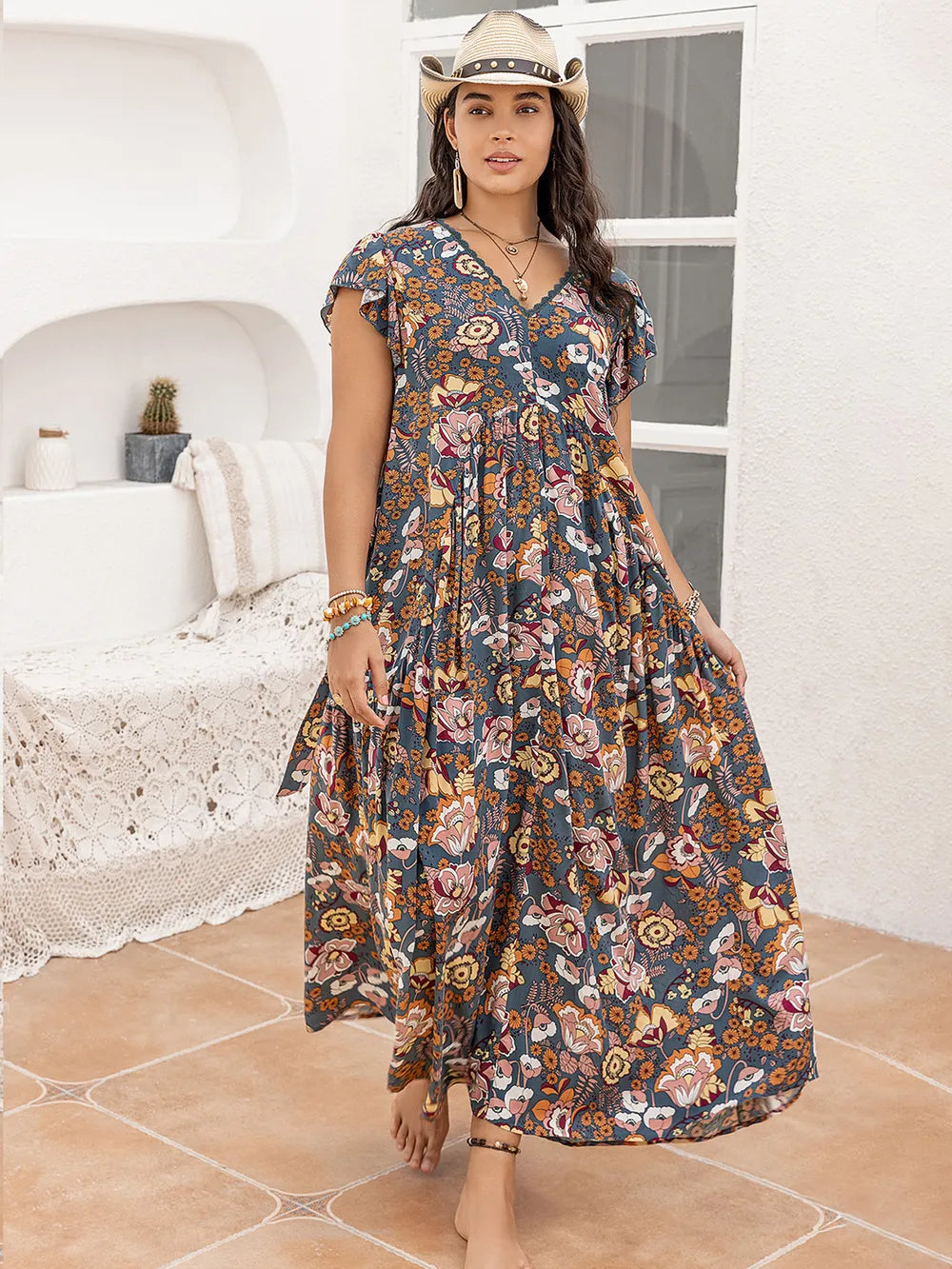 Plus Size Ruffled Printed Cap Sleeve Dress - LoveNest Treasures
