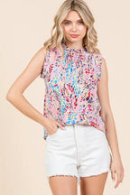 Lime 'N' Chili Full Size Graphic Print Ruffle Trim Mock Neck Sleeveless Top Plus Size - LoveNest Treasures