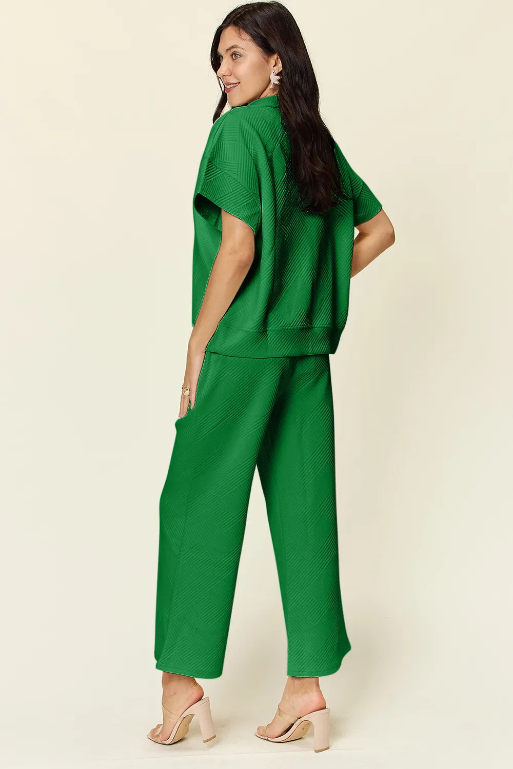 Double Take Full Size Texture Half Zip Short Sleeve Top and Pants Set - LoveNest Treasures