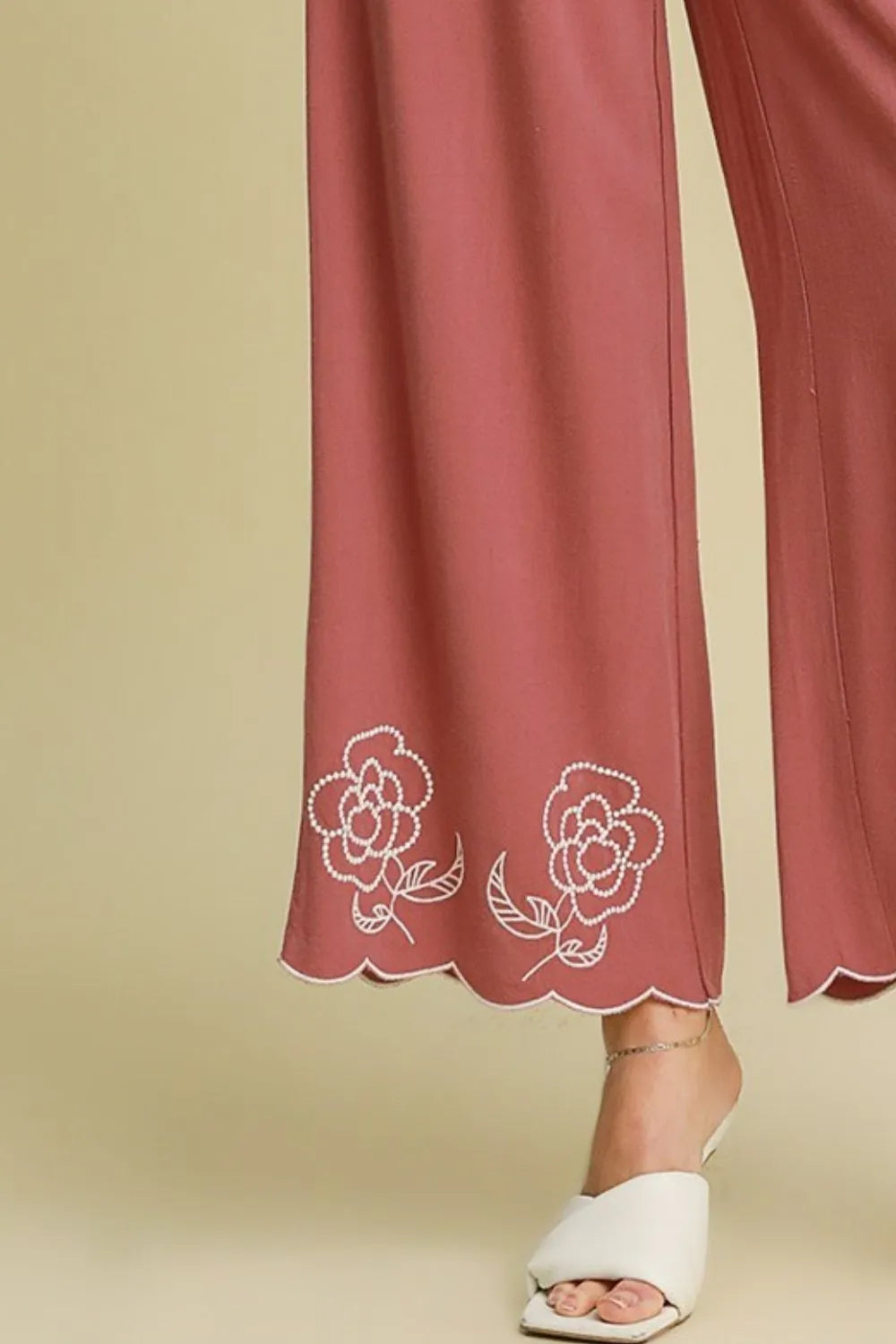 Umgee Full Size Linen Blend Wide Leg Pants with Scalloped Hemline Plus Size - LoveNest Treasures
