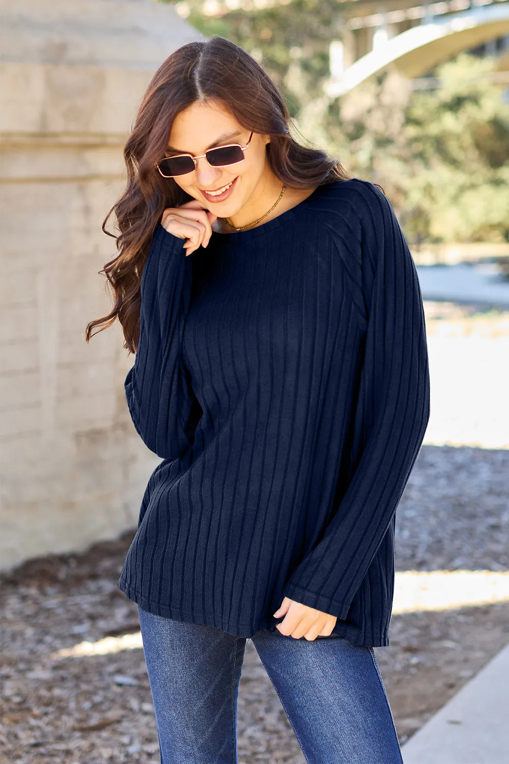Basic Bae Full Size Ribbed Round Neck Long Sleeve Knit Top - LoveNest Treasures