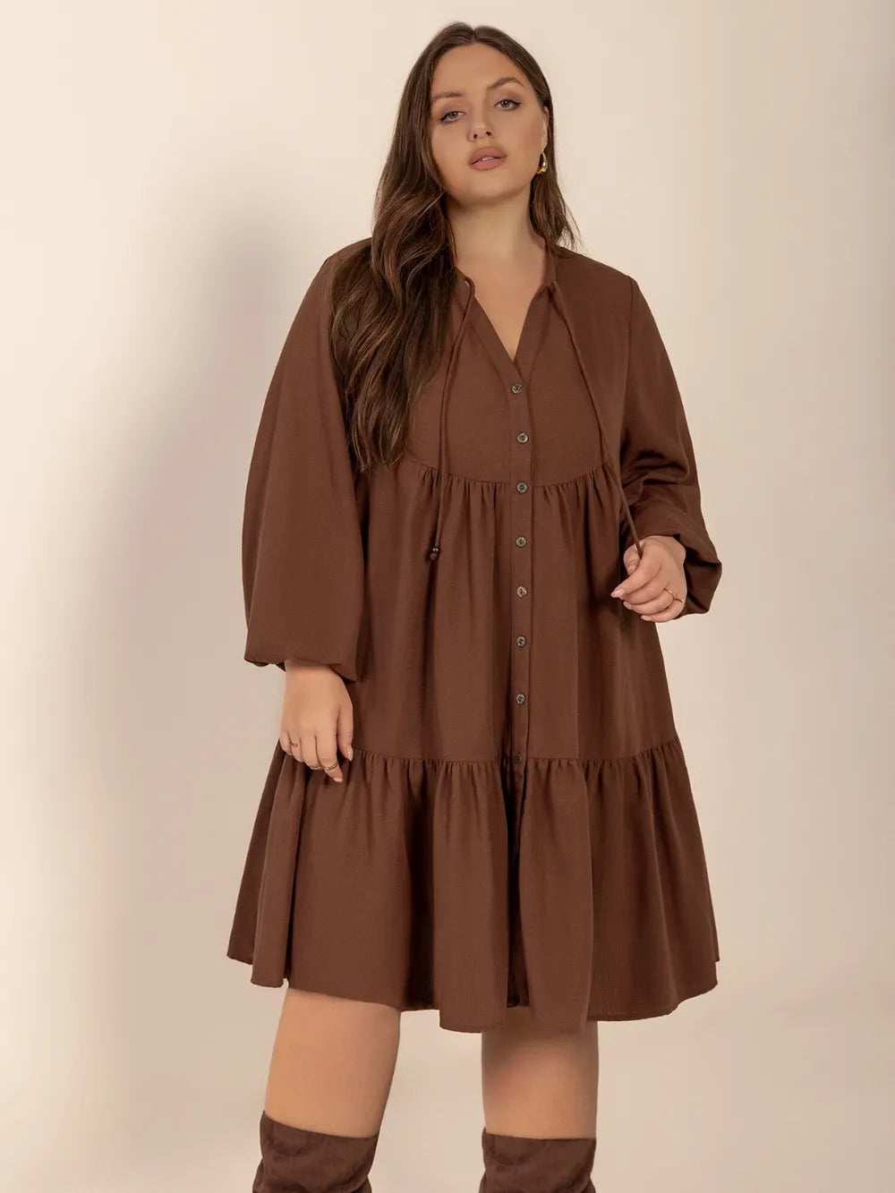 Plus Size Tie Neck Balloon Sleeve Tiered Dress - LoveNest Treasures