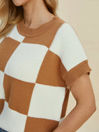 Double Take Full Size Checkered Round Neck Short Sleeve Sweater - LoveNest Treasures