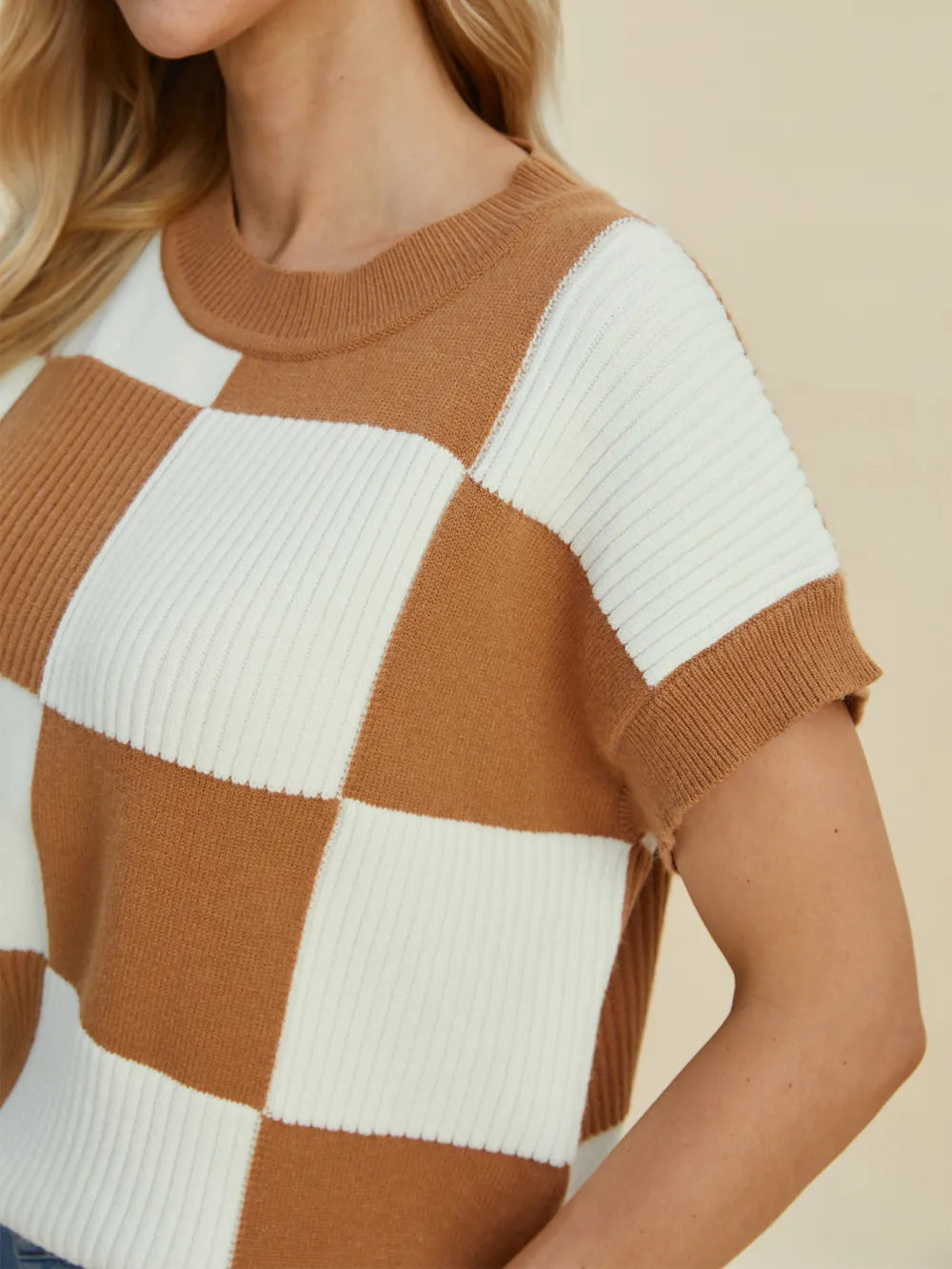 Double Take Full Size Checkered Round Neck Short Sleeve Sweater - LoveNest Treasures