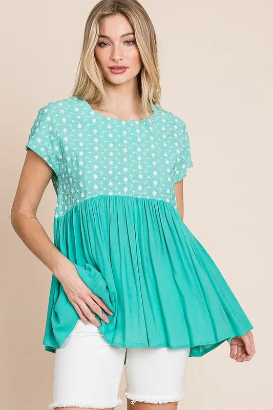 Lime 'N' Chili Full Size Embroidered Short Sleeve Pleated Babydoll Top Plus Size - LoveNest Treasures
