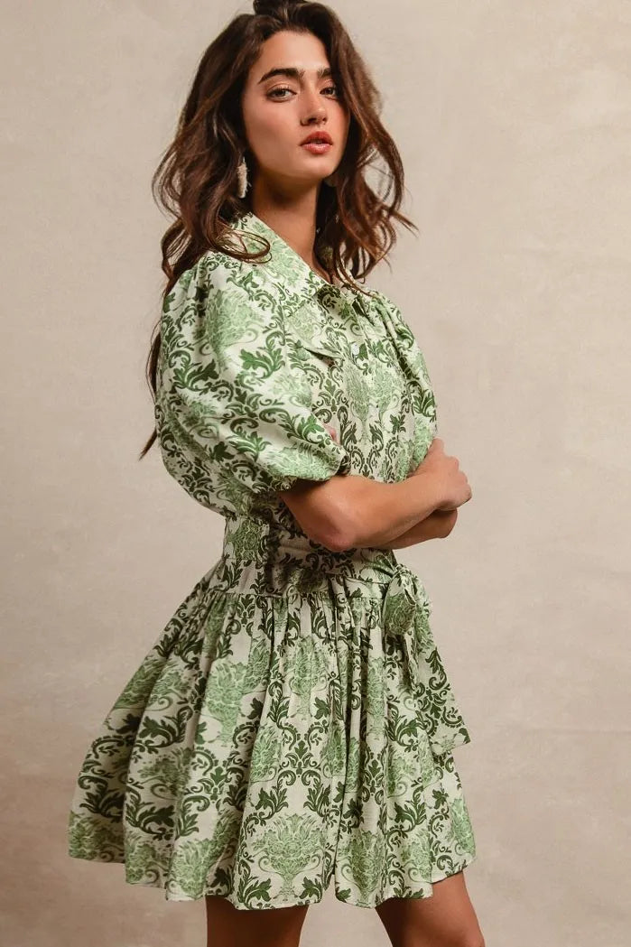 BiBi Tied Floral Short Sleeve Mini Shirt Dress - LoveNest Treasures