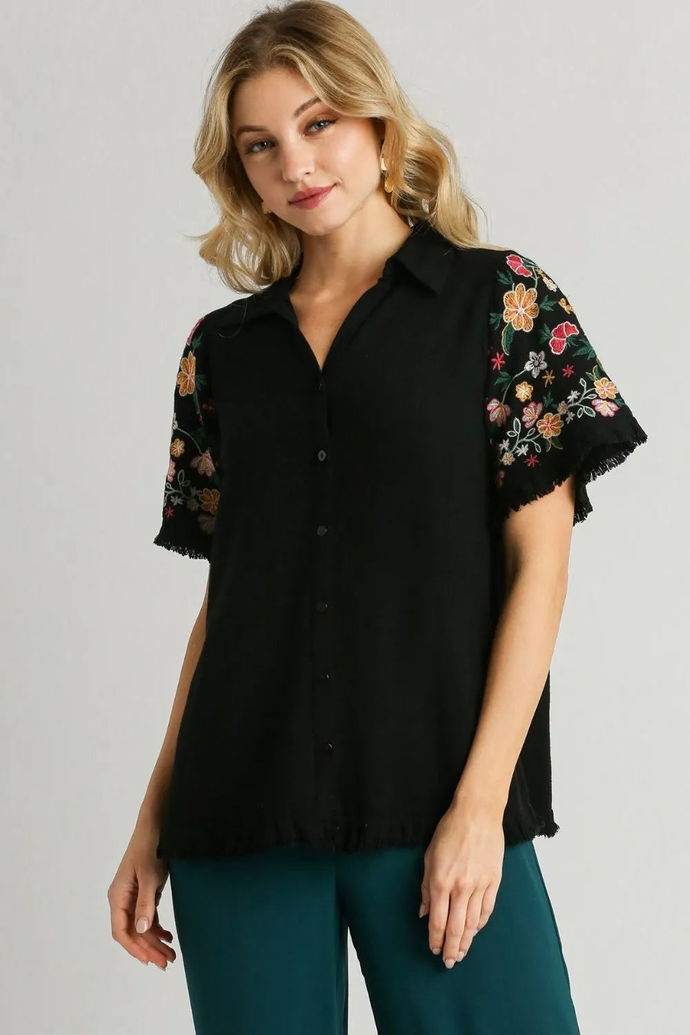 Umgee Full Size Linen Shirt with Embroidered Sleeves Plus Size - LoveNest Treasures