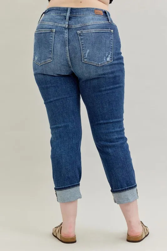 Judy Blue Full Size Mid Rise Cuffed Destroy Bf Jeans Plus Size - LoveNest Treasures