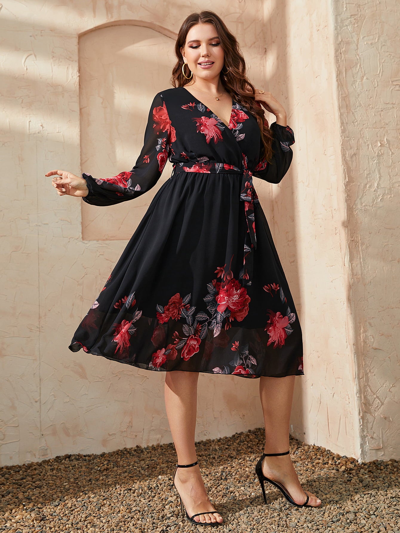 Honey Plus Size Floral Surplice Neck Tie Waist Dress - LoveNest Treasures