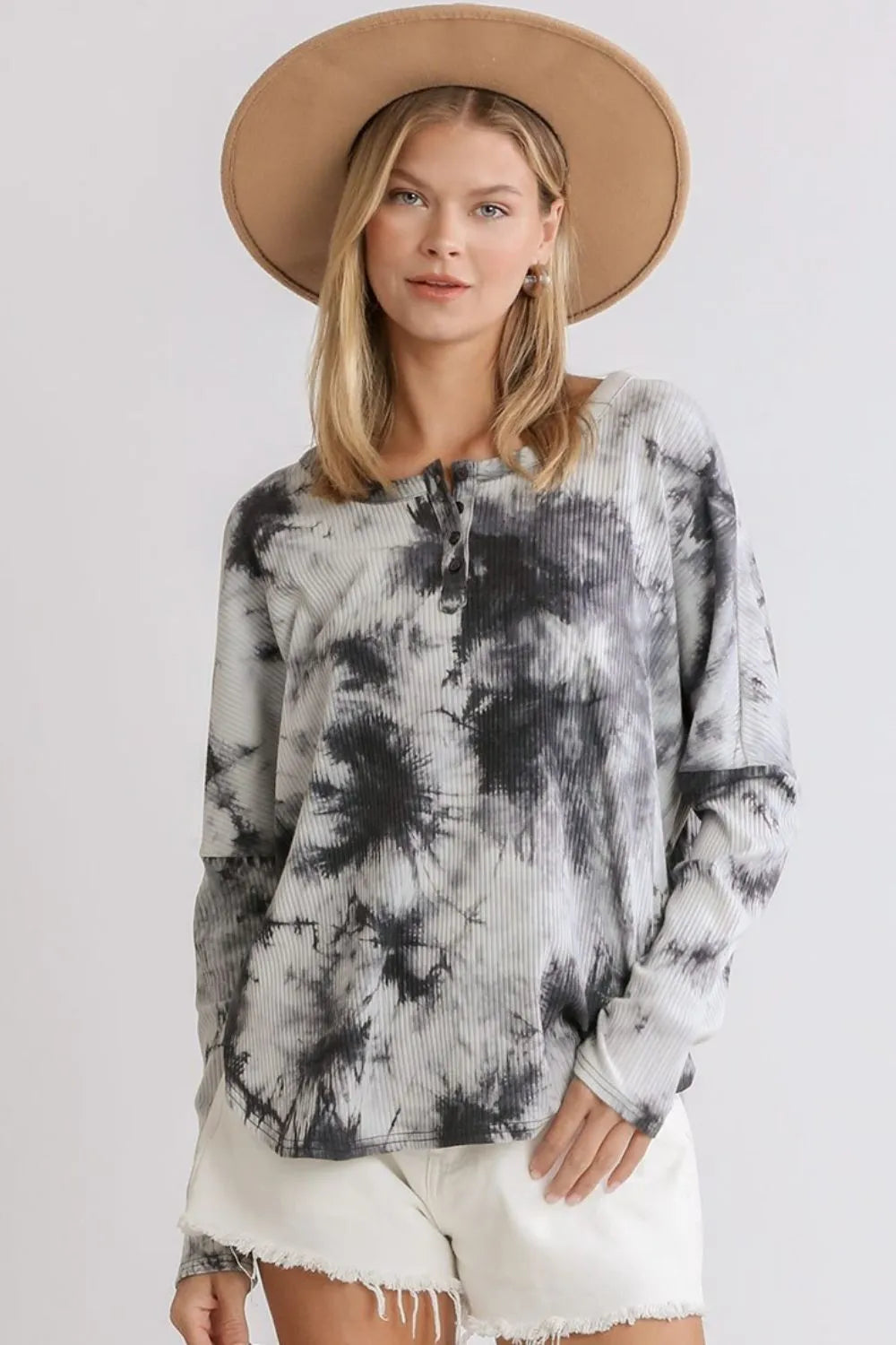 Umgee Full Size Tie Dye Round Neck Ribbed Button Front Top Plus Size - LoveNest Treasures