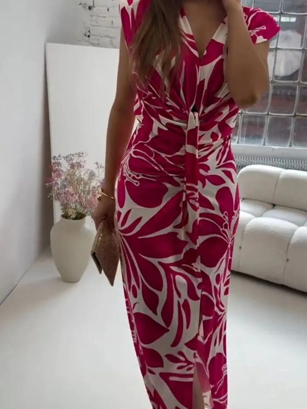 Full Size Slit Printed V-Neck Midi Dress Plus Size - LoveNest Treasures