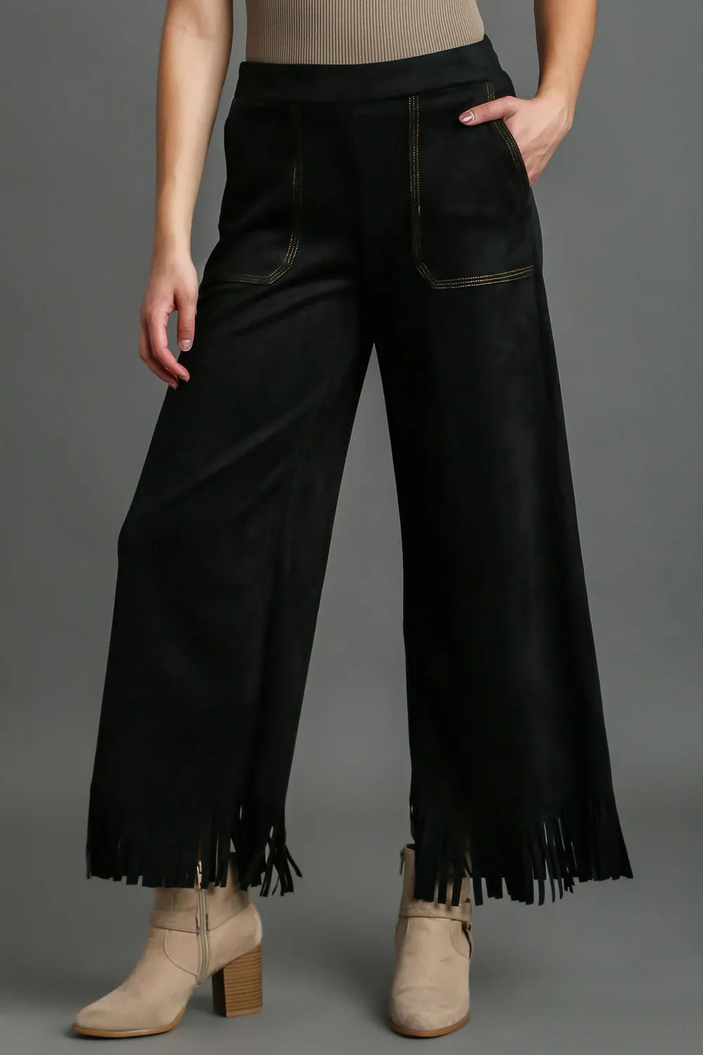 Umgee Full Size Suede Fringe Hem Wide Leg Pants Plus Size - LoveNest Treasures