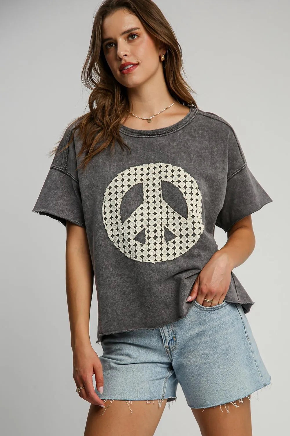 Umgee Full Size Mineral Wash T-Shirt with Lace Applique Plus Size - LoveNest Treasures