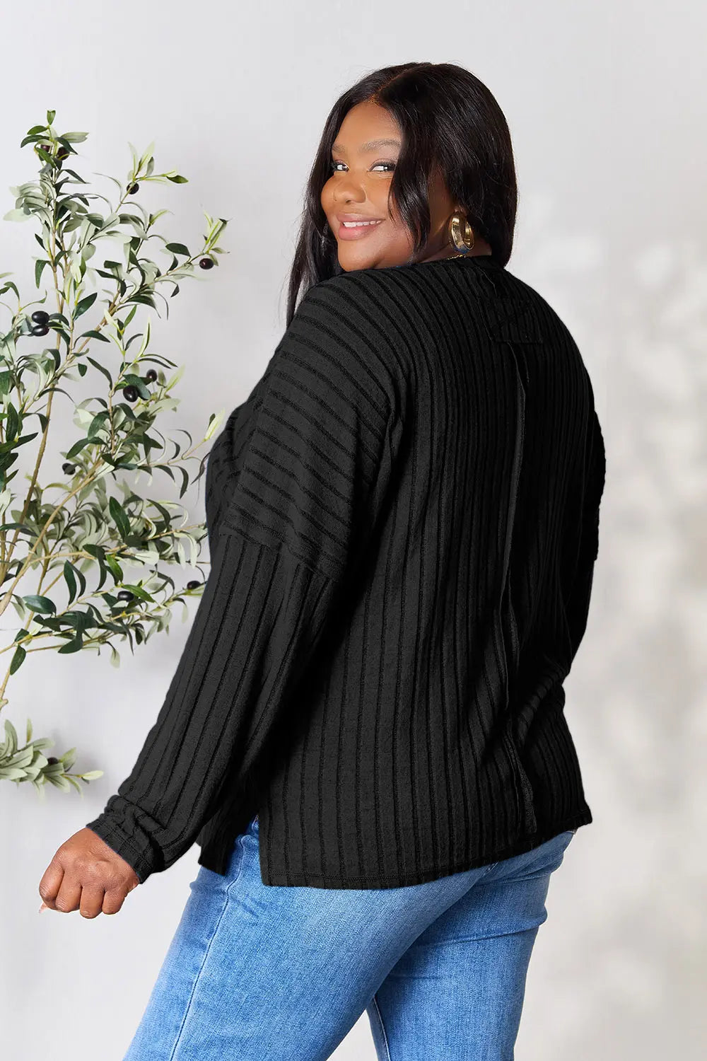 Basic Bae Full Size Ribbed Round Neck Slit Knit Top - LoveNest Treasures