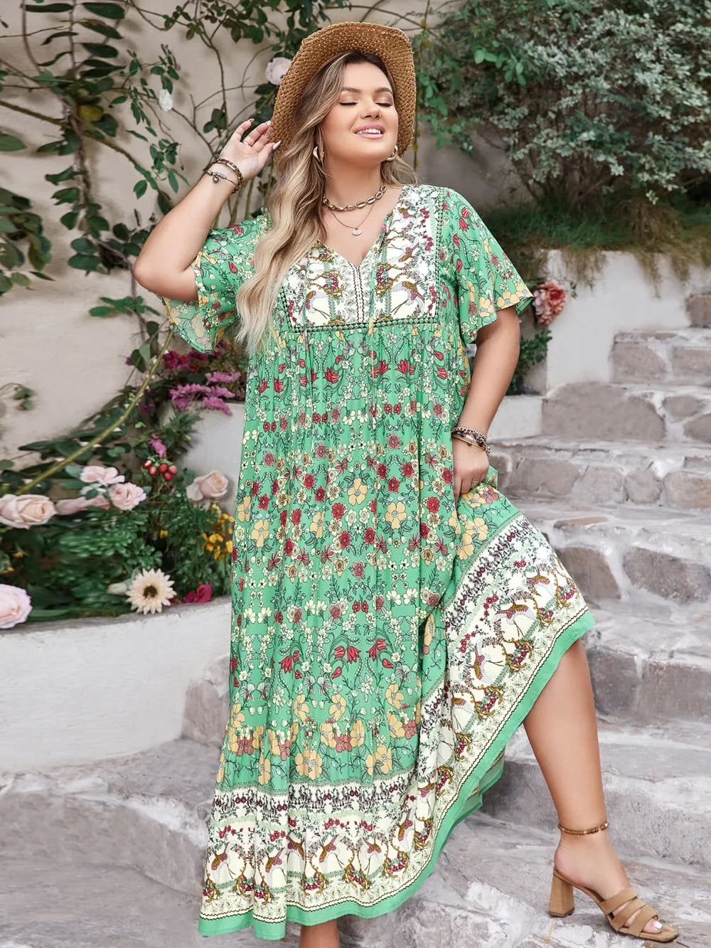 Plus Size Floral Tie Neck Flutter Sleeve Maxi Dress - LoveNest Treasures