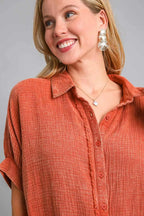 Umgee Full Size Cotton Gauze Mineral Wash Button Down Shirt Plus Size - LoveNest Treasures