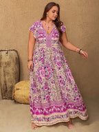 Plus Size Printed V-Neck Cap Sleeve Maxi Dress - LoveNest Treasures