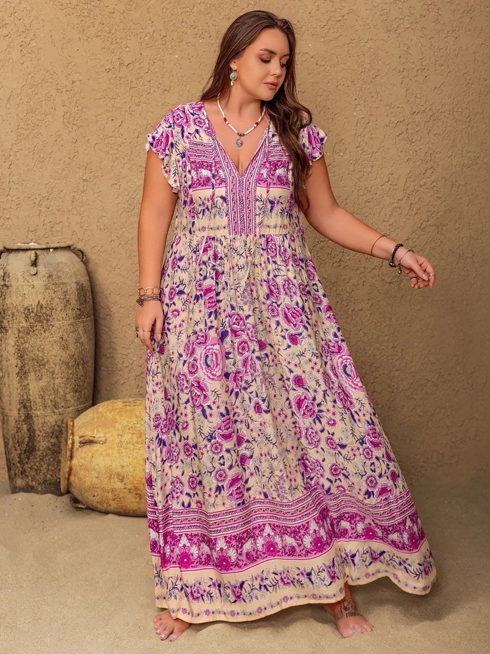 Plus Size Printed V-Neck Cap Sleeve Maxi Dress - LoveNest Treasures