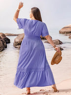 Plus Size Lace Detail Tie Neck Short Sleeve Maxi Dress - LoveNest Treasures