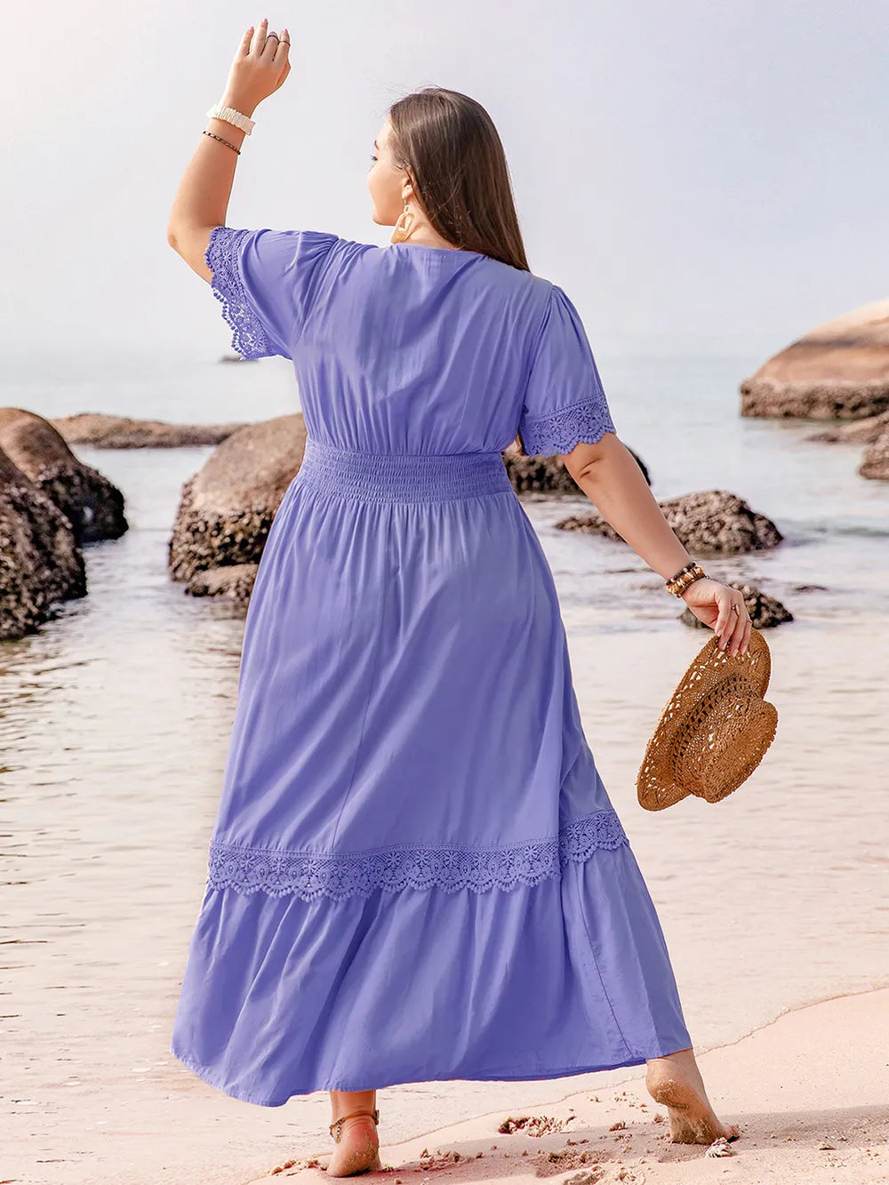 Plus Size Lace Detail Tie Neck Short Sleeve Maxi Dress - LoveNest Treasures
