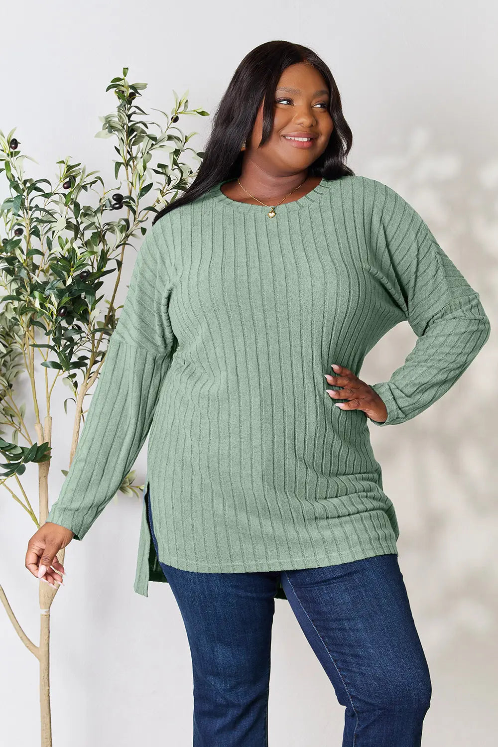 Basic Bae Full Size Ribbed Round Neck Long Sleeve Slit Top - LoveNest Treasures